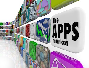 The words App Market on a white application tile in a wall of apps in a store which sells software programs for download to your smart phone or other electronic